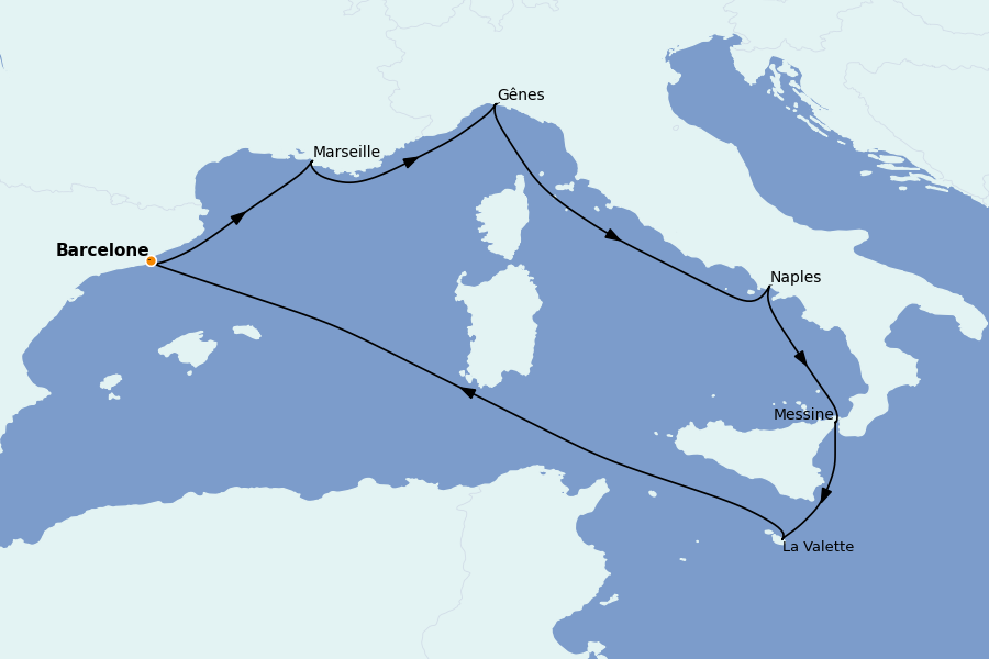 Itinéraire de la croisière Méditerranée Occidentale 7 jours à bord du MSC World Europa