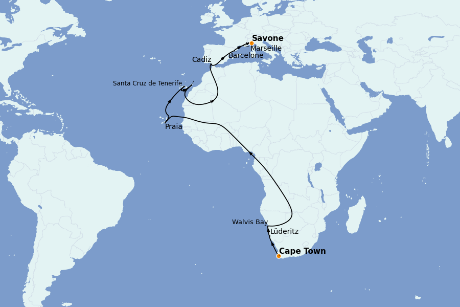 Itinéraire de la croisière Tour du Monde 2025 22 jours à bord du Costa Deliziosa