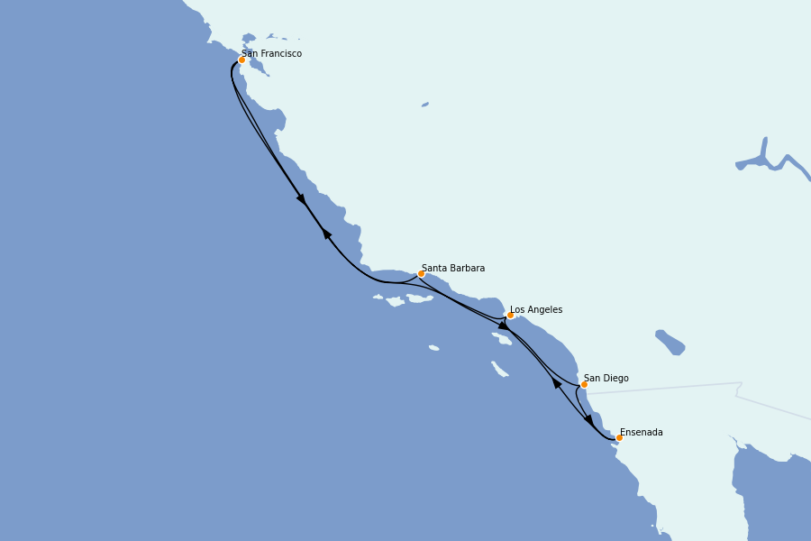 Itinéraire de la croisière Californie 7 jours à bord du Crown Princess
