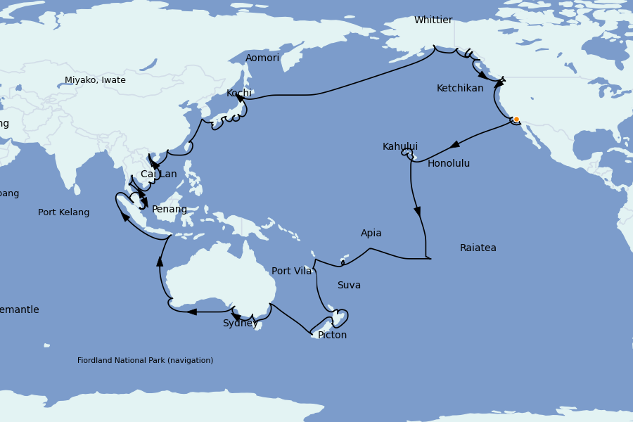 Itinéraire de la croisière Riviera Mexicaine et Amérique Centrale (Côte Pacifique) 115 jours à bord du Coral Princess