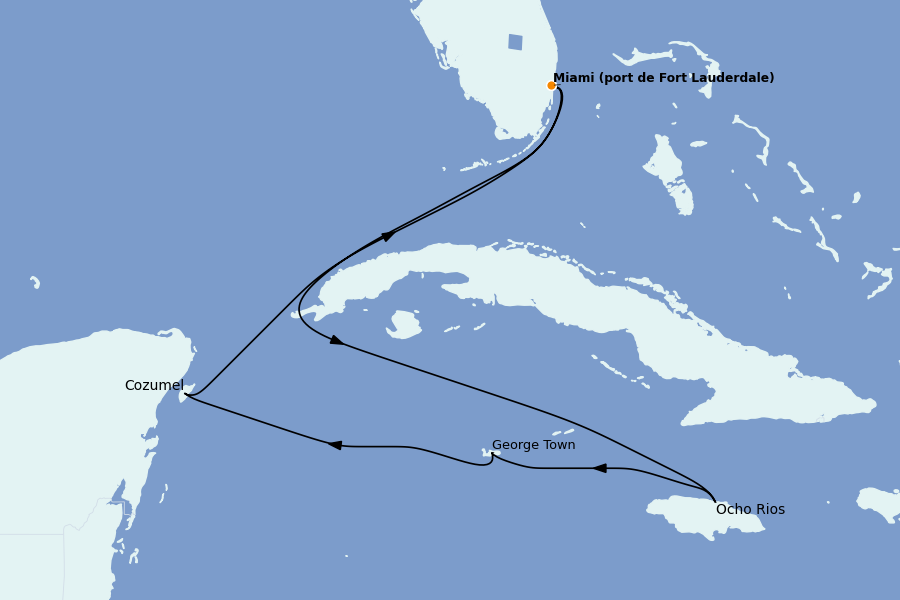Itinéraire de la croisière Caraïbes de l'Ouest 7 jours à bord du Ms Eurodam