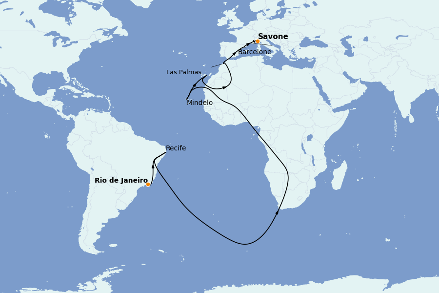 Itinéraire de la croisière Transatlantiques et Grands Voyages 2025 17 jours à bord du Costa Favolosa