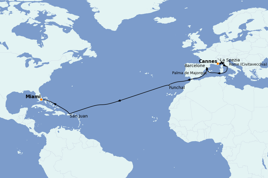 Itinéraire de la croisière Transatlantiques et Grands Voyages 2026 19 jours à bord du MSC Grandiosa