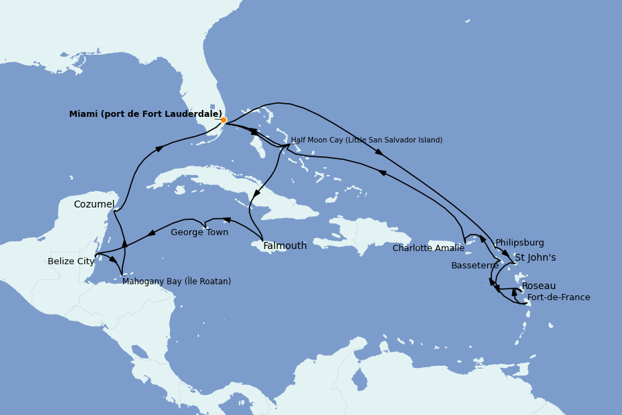 Itinéraire de la croisière Caraïbes de l'Est (Antilles) 21 jours à bord du Ms Koningsdam