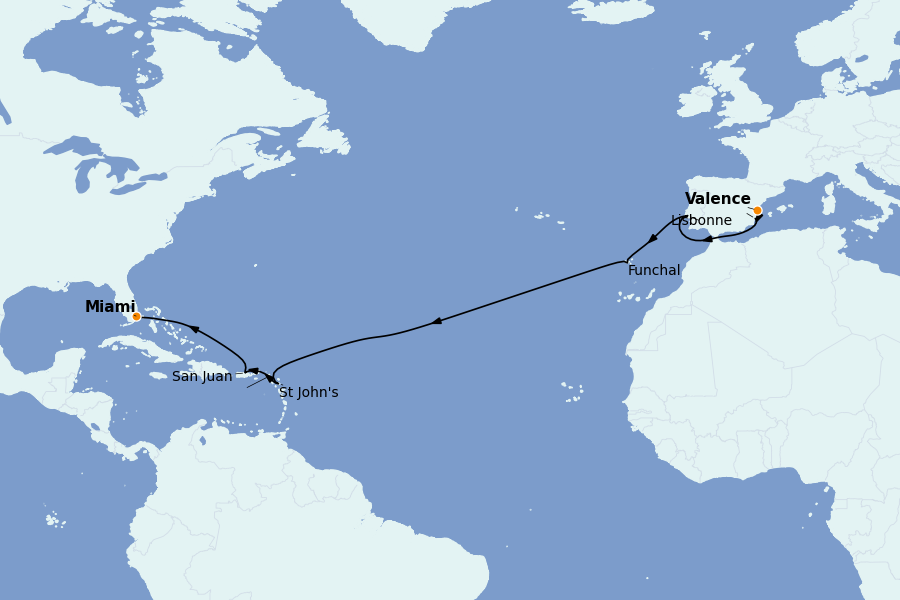 Itinéraire de la croisière TRANSATLANTIQUES ET GRANDS VOYAGES 16 jours à bord du MSC Divina