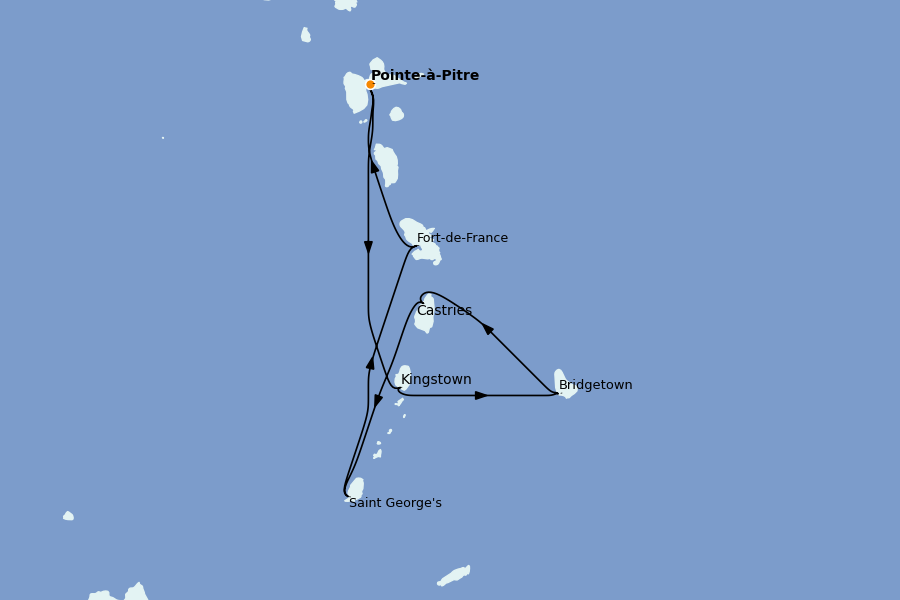 Itinéraire de la croisière Caraïbes de l'Est (Antilles) 7 jours à bord du MSC Virtuosa