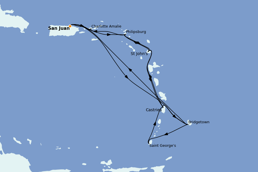 Itinéraire de la croisière Caraïbes de l'Est (Antilles) 14 jours à bord du Crown Princess