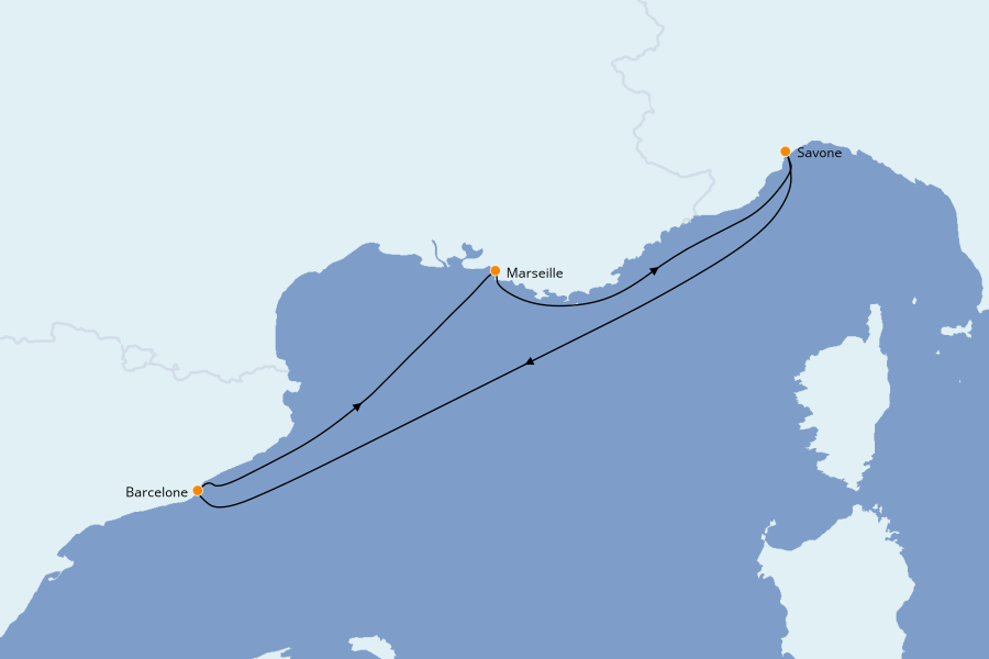 Itinéraire de la croisière Méditerranée 3 jours à bord du Costa Favolosa