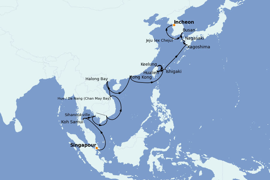 Itinéraire de la croisière Chine, Japon, Hong Kong, Taïwan, Corée du Sud 27 jours à bord du Regatta