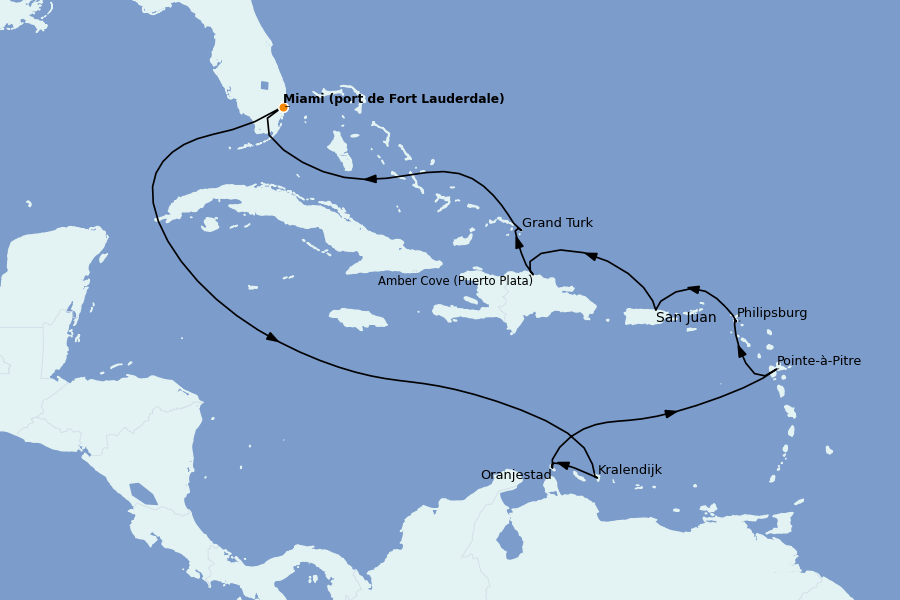 Itinéraire de la croisière Caraïbes de l'Est (Antilles) 12 jours à bord du Caribbean Princess