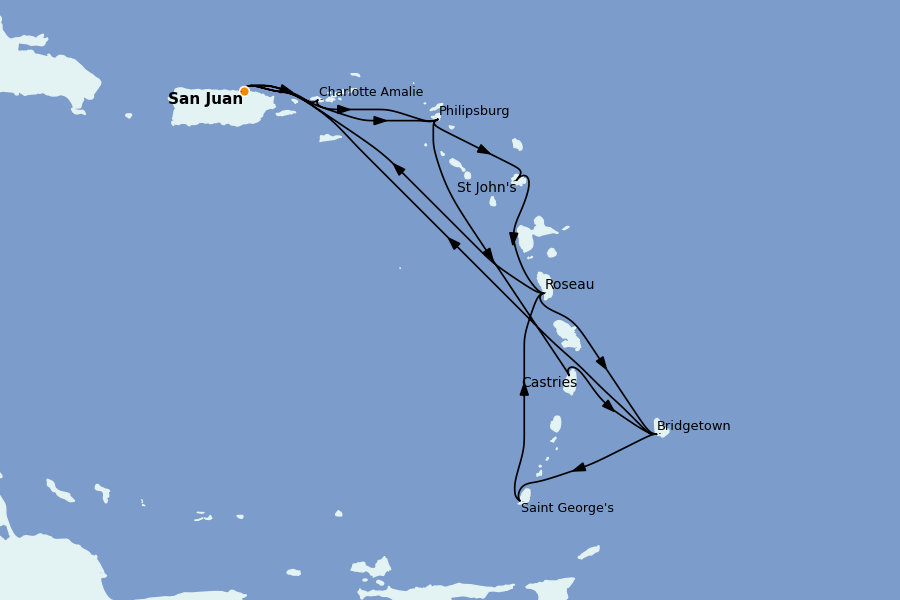 Itinéraire de la croisière Caraïbes de l'Est (Antilles) 14 jours à bord du Grand Princess