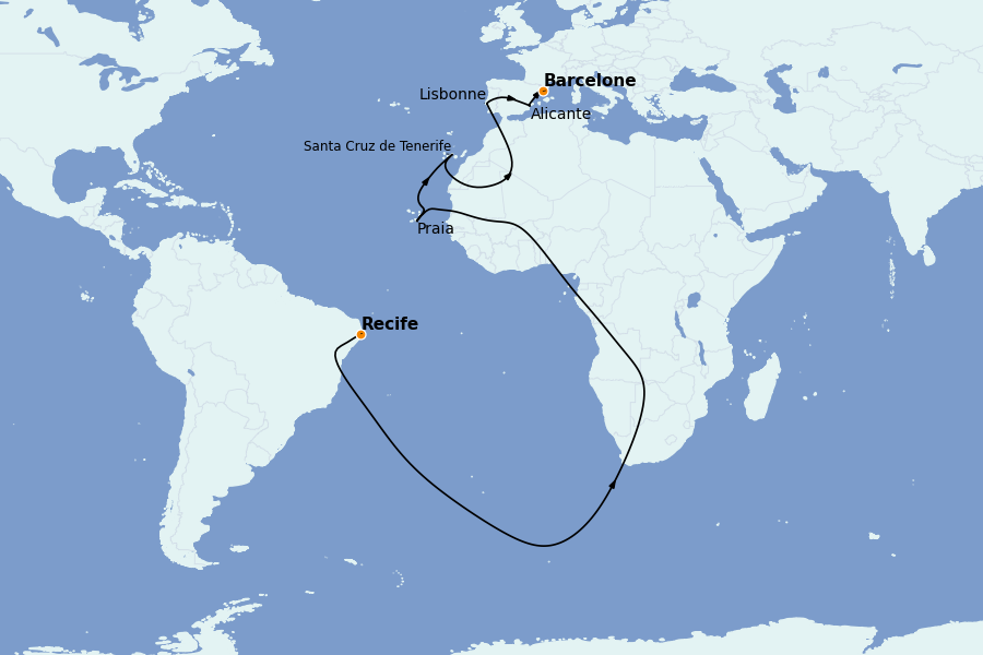 Itinéraire de la croisière Transatlantiques et Grands Voyages 2025 13 jours à bord du Costa Pacifica