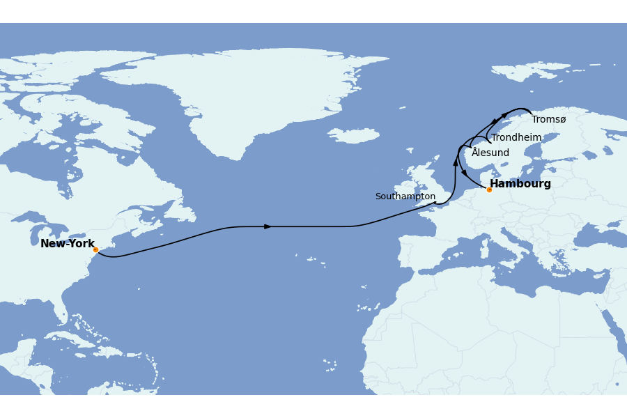 Itinéraire de la croisière Fjords Norvégiens et Scandinavie 17 jours à bord du Queen Mary 2