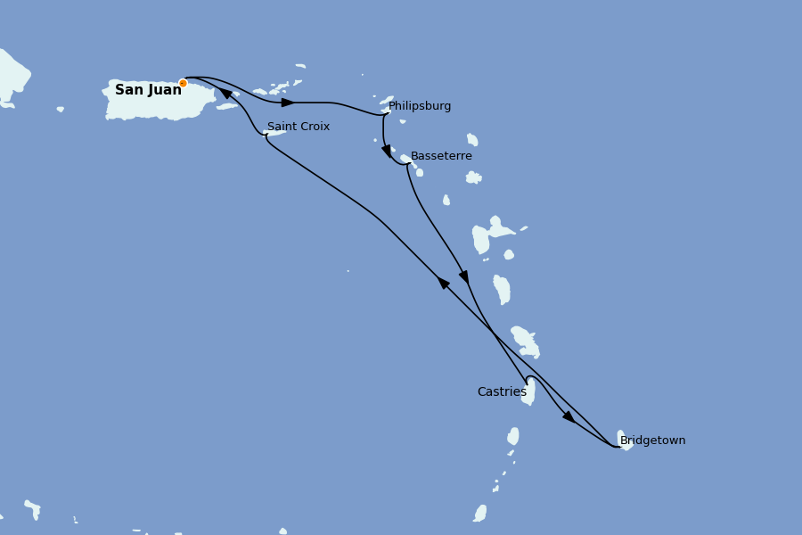 Itinéraire de la croisière Caraïbes de l'Est (Antilles) 7 jours à bord du Valiant Lady
