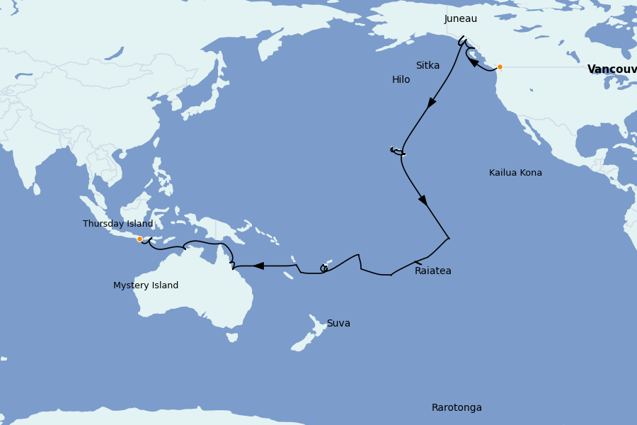 Itinéraire de la croisière Alaska, Canada et Glacières 58 jours à bord du Riviera