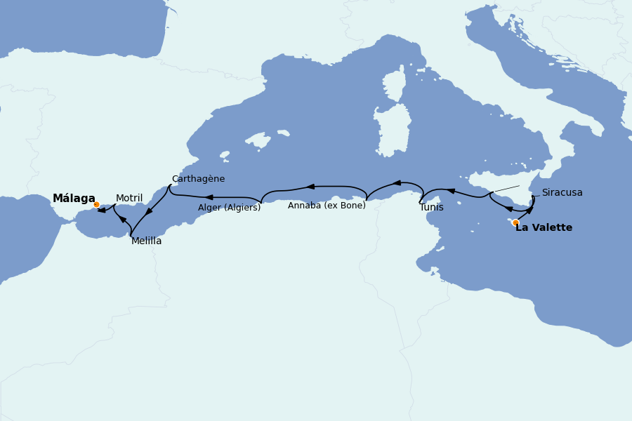 Itinéraire de la croisière Méditerranée Occidentale 9 jours à bord du Le Dumont d'Urville