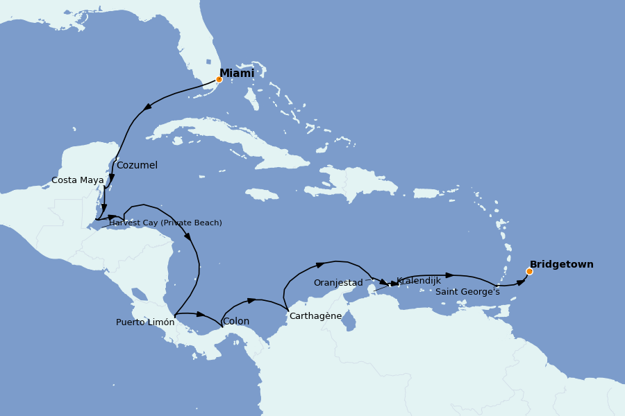 Itinéraire de la croisière Caraïbes de l'Est 16 jours à bord du Seven Seas Splendor