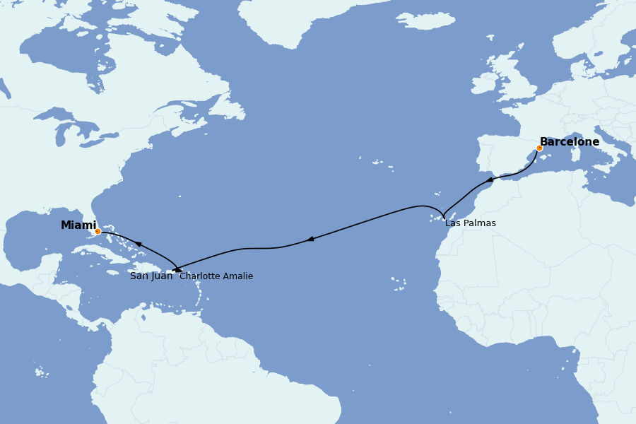 Itinéraire de la croisière TRANSATLANTIQUES ET GRANDS VOYAGES 14 jours à bord du MSC Grandiosa