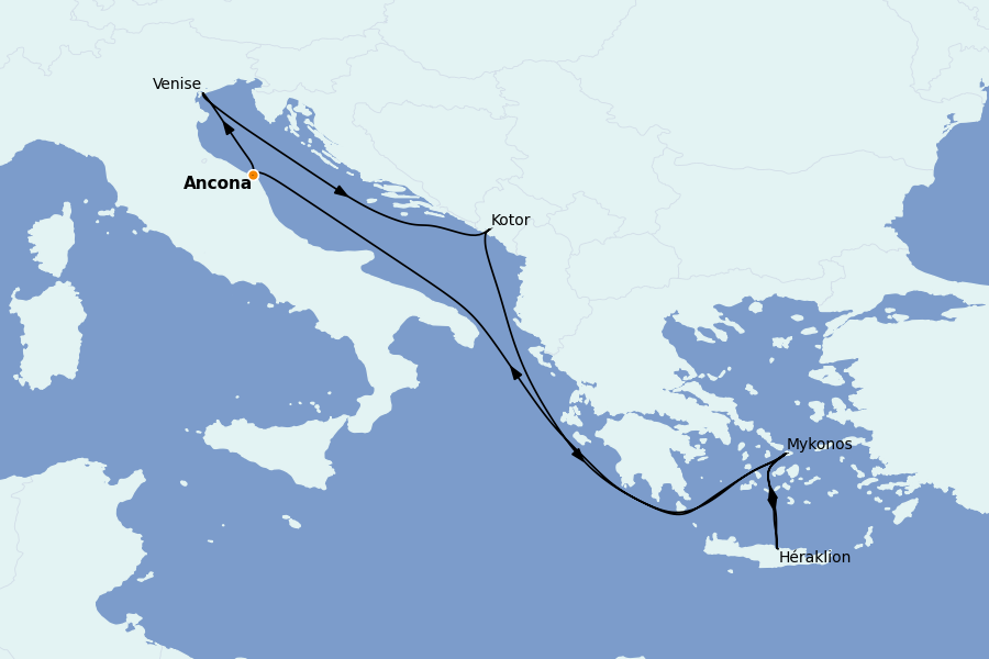 Itinéraire de la croisière Grèce & Adriatique 7 jours à bord du MSC Lirica