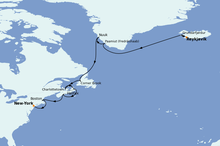 Itinéraire de la croisière Côte Est, Canada et Nouvelle Angleterre 17 jours à bord du Vista