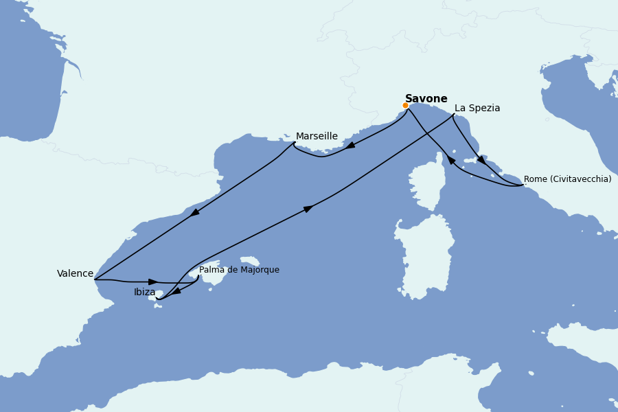 Itinéraire de la croisière Méditerranée Occidentale 8 jours à bord du Costa Pacifica