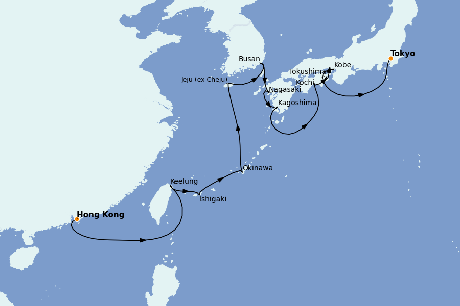 Itinéraire de la croisière Chine, Japon, Hong Kong, Taïwan, Corée du Sud 14 jours à bord du Nautica