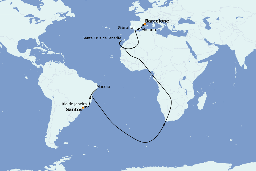 Itinéraire de la croisière TRANSATLANTIQUES ET GRANDS VOYAGES 15 jours à bord du MSC Seaview