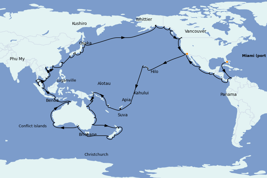 Itinerario del crucero TRASATLÁNTICOS 129 días a bordo del Coral Princess