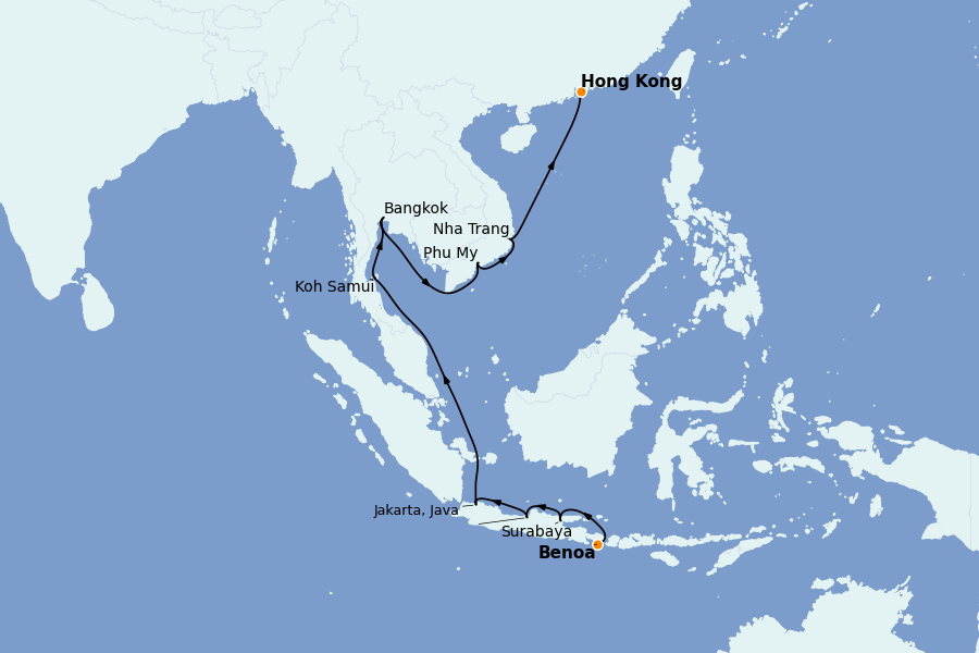 Itinéraire de la croisière Chine, Japon, Hong Kong, Taïwan, Corée du Sud 14 jours à bord du Nautica