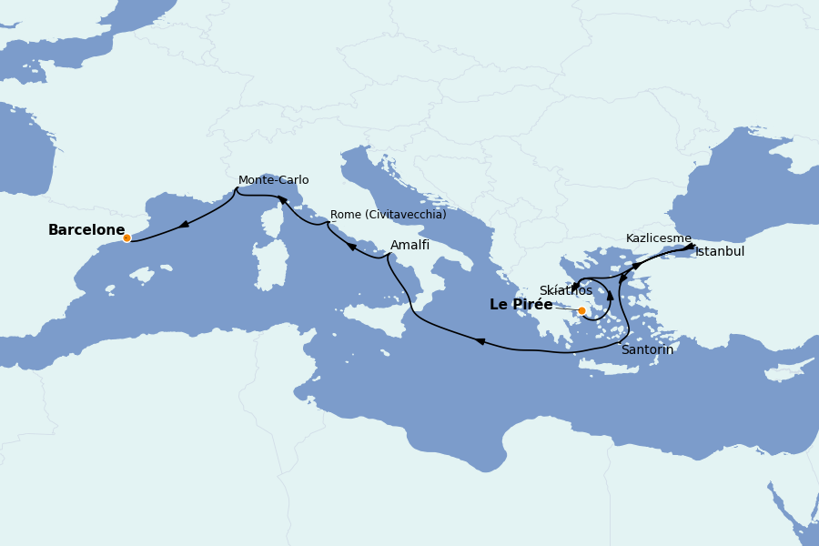 Itinéraire de la croisière Méditerranée Occidentale 12 jours à bord du Seven Seas Splendor