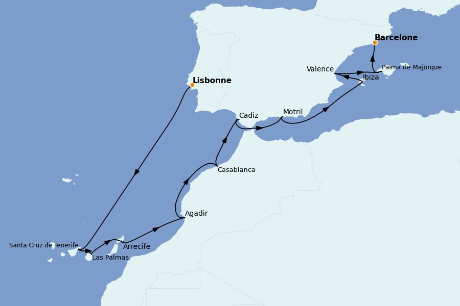Itinéraire de la croisière Méditerranée Occidentale 12 jours à bord du Norwegian Dawn