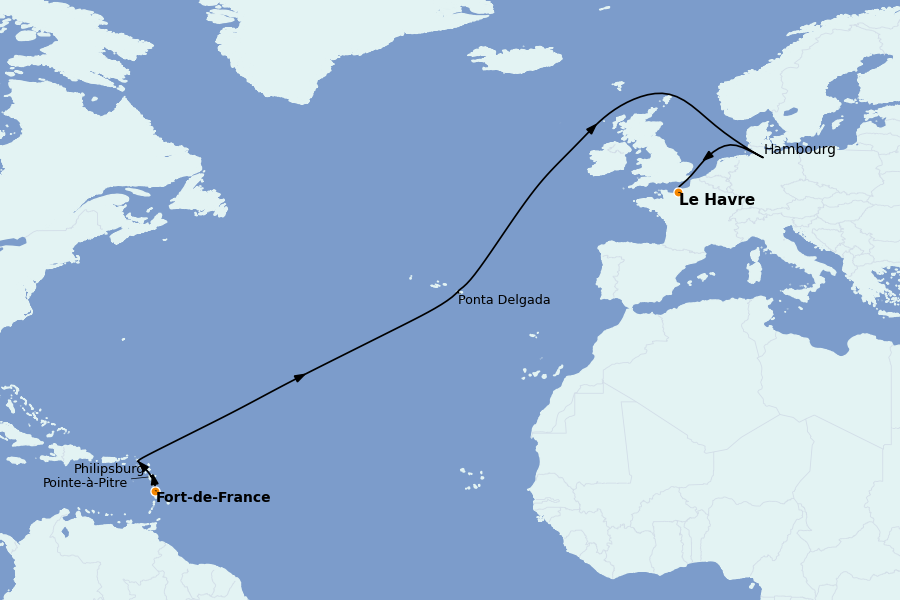 Itinéraire de la croisière TRANSATLANTIQUES ET GRANDS VOYAGES 15 jours à bord du MSC Virtuosa