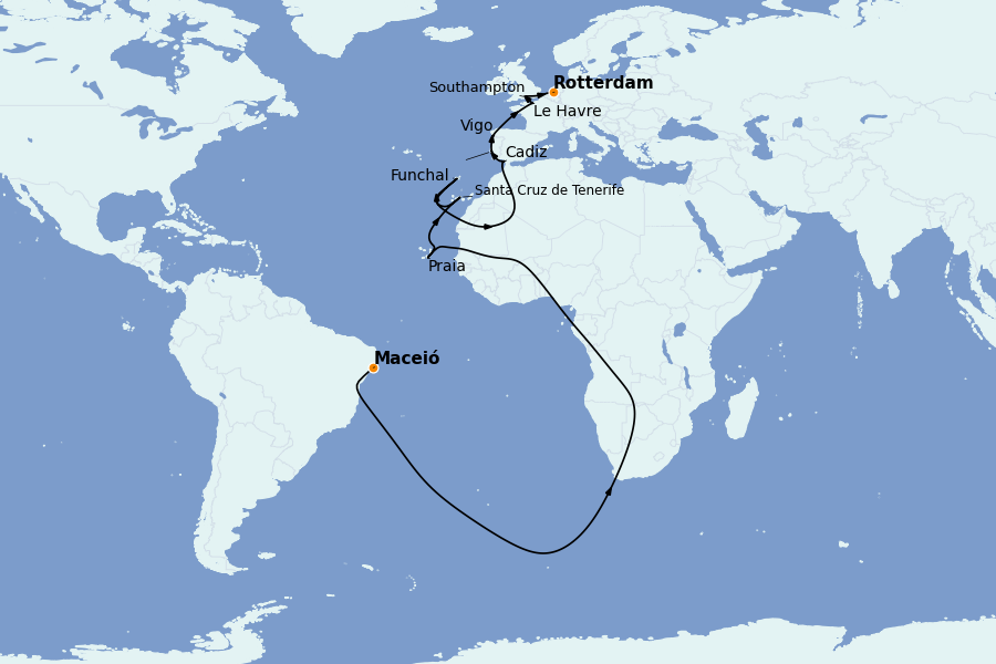 Itinéraire de la croisière Transatlantiques et Grands Voyages 2025 19 jours à bord du Costa Diadema
