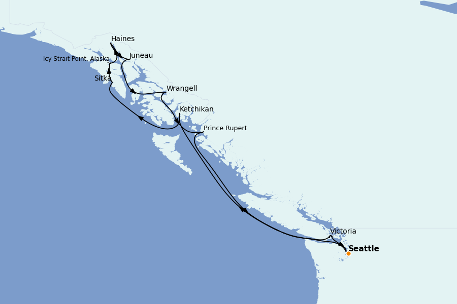 Itinéraire de la croisière Alaska, Canada et Glacières 13 jours à bord du Riviera