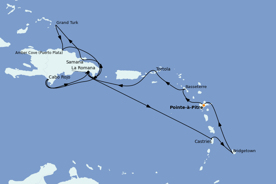 Itinéraire de la croisière Caraïbes de l'Est (Antilles) 14 jours à bord du Costa Pacifica