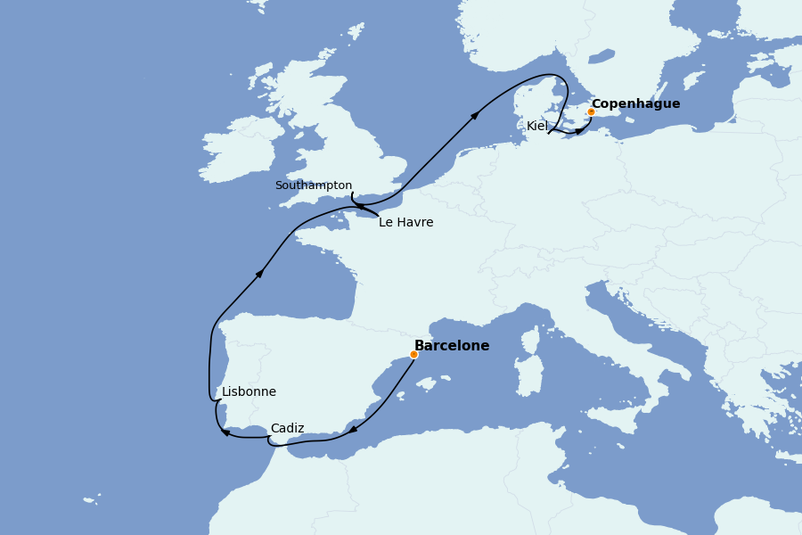 Itinéraire de la croisière TRANSATLANTIQUES ET GRANDS VOYAGES 11 jours à bord du MSC Euribia