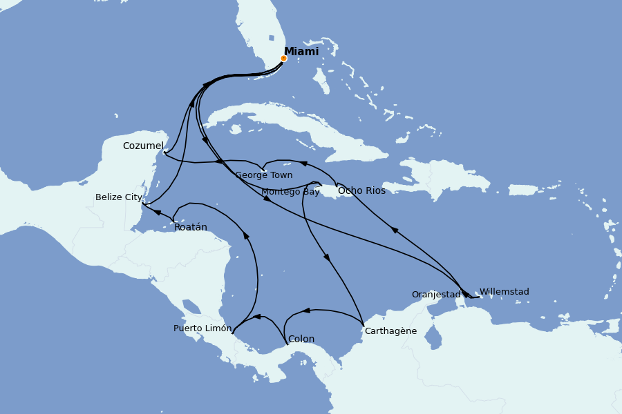 Itinéraire de la croisière Caraïbes de l'Ouest - Mexique, Cuba, Jamaïque 21 jours à bord du MSC Poesia