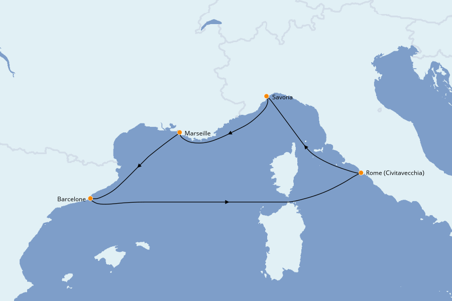 Itinéraire de la croisière Méditerranée Occidentale 5 jours à bord du Costa Smeralda