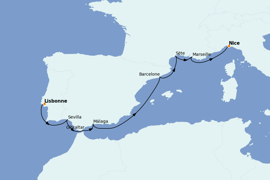 Itinéraire de la croisière Méditerranée Occidentale 10 jours à bord du Silver Shadow