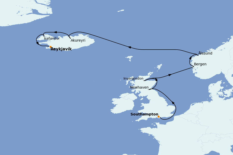 Itinéraire de la croisière Fjords Norvégiens et Scandinavie 11 jours à bord du Norwegian Star
