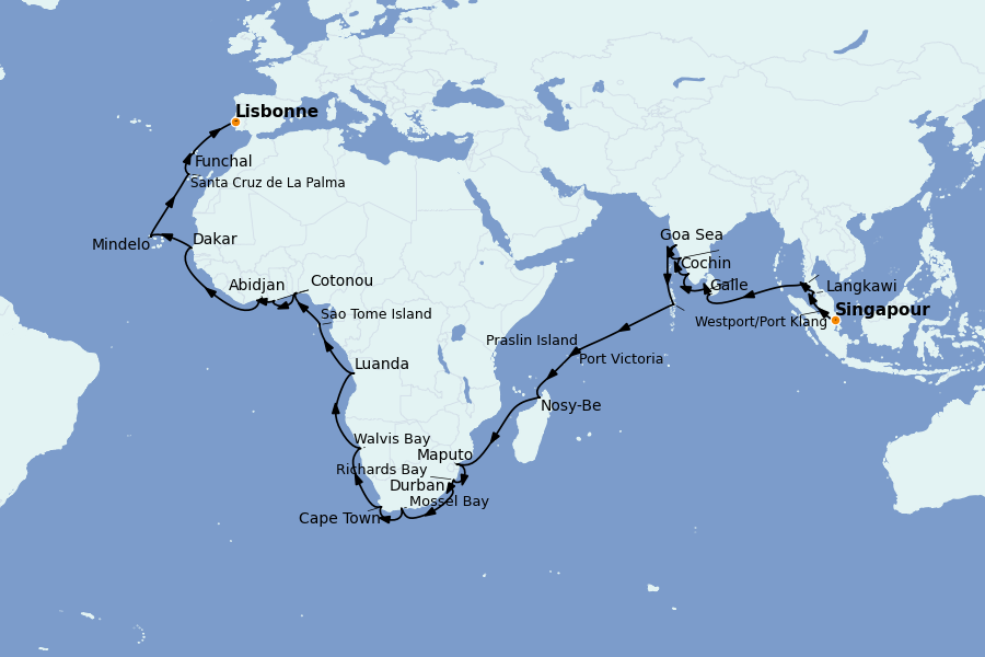 Itinéraire de la croisière Méditerranée Occidentale 53 jours à bord du Seven Seas Mariner