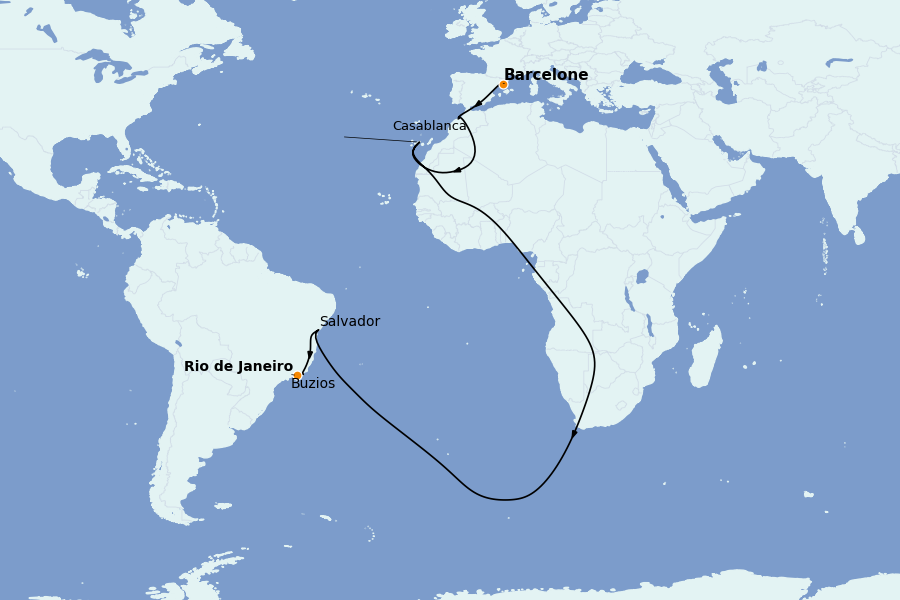 Itinéraire de la croisière TRANSATLANTIQUES ET GRANDS VOYAGES 14 jours à bord du MSC Armonia