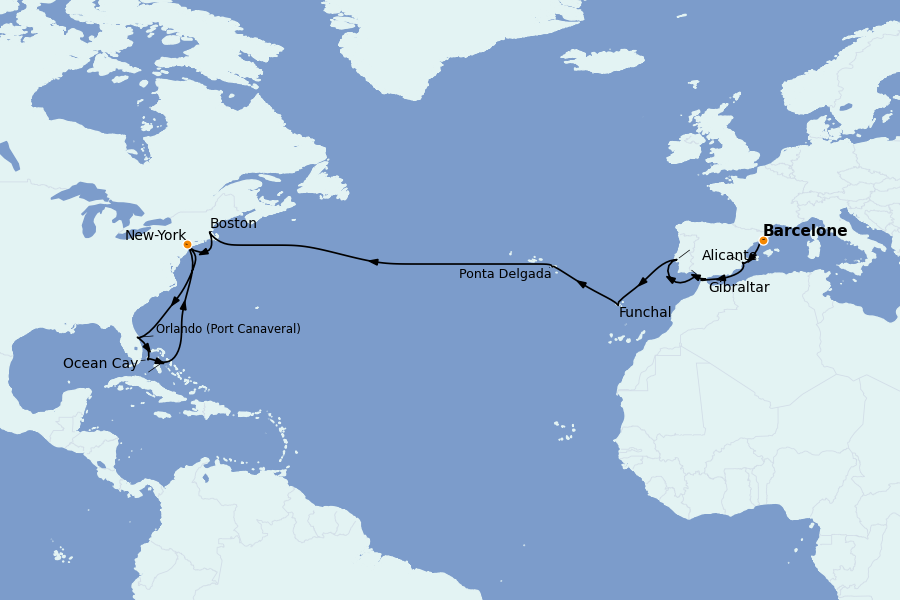 Itinéraire de la croisière TRANSATLANTIQUES ET GRANDS VOYAGES 26 jours à bord du MSC Meraviglia