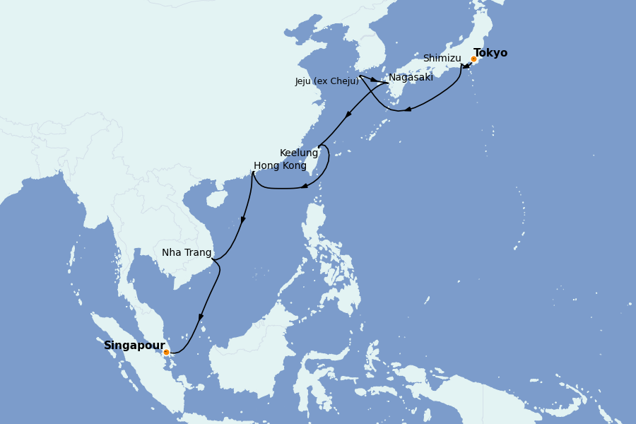 Itinéraire de la croisière Chine, Japon, Hong Kong, Taïwan, Corée du Sud 15 jours à bord du Silver Moon