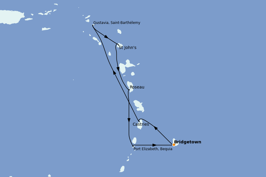 Itinéraire de la croisière Caraïbes de l'Est 7 jours à bord du Silver Spirit