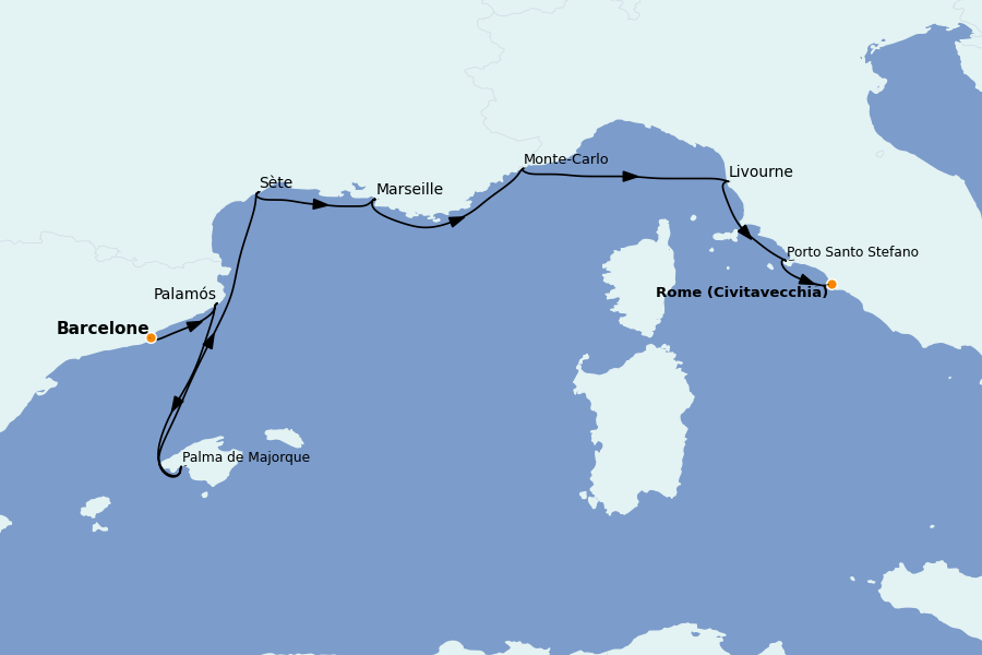 Itinéraire de la croisière Méditerranée Occidentale 10 jours à bord du Silver Spirit