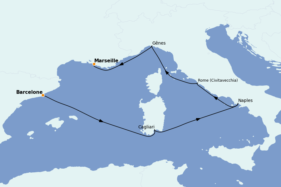 Itinéraire de la croisière Méditerranée 6 jours à bord du Costa Smeralda