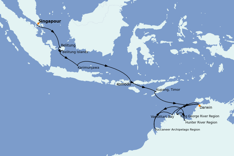 Itinéraire de la croisière Australie 2026 16 jours à bord du Silver Cloud Expedition