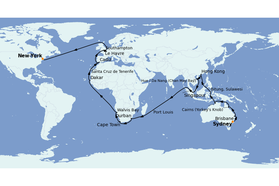 Itinerario del crucero Mediterráneo Occidental 65 días a bordo del Queen Mary 2