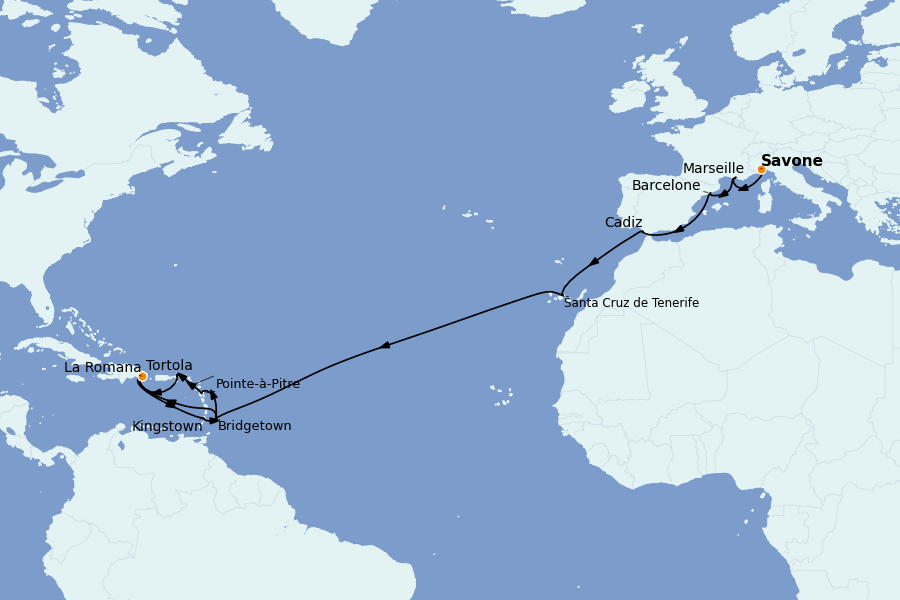 Itinéraire de la croisière TRANSATLANTIQUES ET GRANDS VOYAGES 22 jours à bord du Costa Pacifica